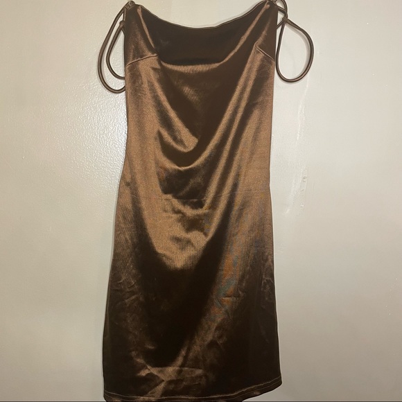 Brown Crowl Neck Mini Satin Dress - Picture 6 of 6